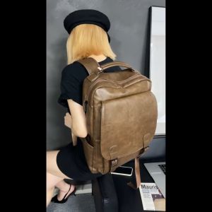 Balo nam nữ túi đựng laptop du lịch bằng da PU cổ điển có cổng USB sức chứa lớn không thấm nước