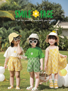 YouYu Girls Summer Thin Short Sleeve Loose Cute Print Dress Shorts Casual Set Cotton Blend Fabric round Neckline Childrens Wear