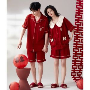 MiiOW | Couples Cotton Pajamas Short Sleeve Breathable Spring Summer Sleepwear With Chest Pad New Marriage Home Clothes Set MiiOW