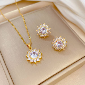 100% Original 18k Legally Pawned Saudi Gold Aesthetics Sun Flower Zircon Necklace Earring Set