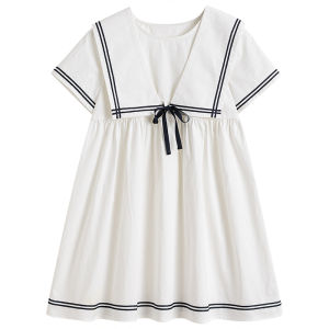 ชุดเด็กผ้าฝ้ายล้วนสีขาวสไตล์ทหารเรือชุดเดรสเด็กหญิงชุดฤดูร้อนกระโปรงจบการศึกษาหญิงเด็กโตเสื้อเชิ้ตกระโปรงชุดนักเรียน