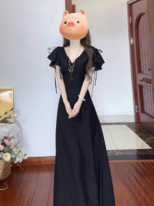 NIUVIES | Đầm Maxi Phong Cách Hepburn Đen Cổ V Nữ