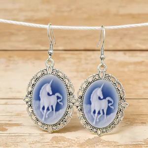 Gothic Black White Horse Pattern Drop Earrings for Women Antique Silver Color Frame Hook Earrings Animal Jewelry Gifts