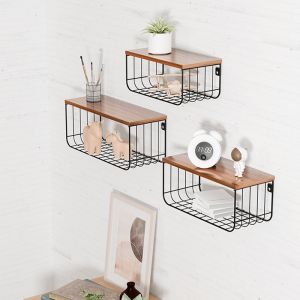 1 Set of 3pcs Wall Mounted Shelves 2Tier Decorative Shelf Storage Wall Shelves with Metal Baskets