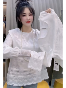 Elegant Lace Shirt Womens New Spring Loose Fit Satin Fabric Floral Embroidery Korean Style T-Shirt Casual Wear Summer Long Sleeve round Neck