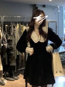 Hebe Style Doll Collar Splice Long Sleeve Womens Dress Early Autumn 2025 New High Waist A-Line Black Dress Casual Wear