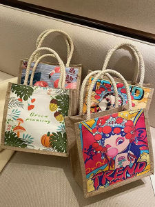 Simple Canvas Ladies Handbag Ethnic Linen Zipper Lunch Box Bag Work Small Cloth Bag Trendy Ins Printed Medium Size Handbag