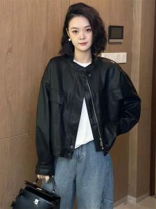Spring 2025 Retro Stand Collar Large Pocket PU Leather Jacket Womens Fashion Versatile Short Coat Top Commute Loose Fit Long Sleeve