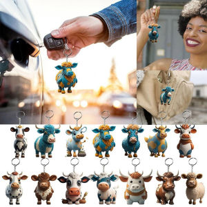 Cute Animals Pendant Keychain O-Shaped Buckle Cow Sheep 2D Plane Acrylic Plate Link Keyring Bag Car Interior Daily Decoration