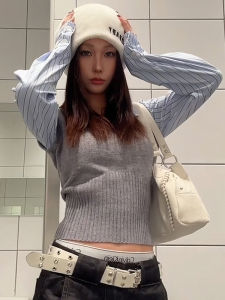 College Style Long Sleeve Knitted Short Shirt Womens Slim Fit Patchwork Vest Top V-Neck Casual Wear Non-Conformist Design