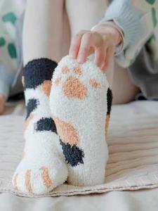 ถุงเท้าขนแกะหนาสำหรับฤดูหนาว ถุงเท้าสำหรับพื้นบ้าน ถุงเท้าสำหรับนอน ถุงเท้าสำหรับเด็กผู้หญิง วัสดุโพลีเอสเตอร์ สีพื้น ครึ่งแข้ง