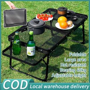 Camping Foldable Table Outdoor Barbecue Mesh Table Portable Picnic Table with Storage Bag Outdoor Furniture Travel Camping Essentials Height Adjustable 40KG Load bearing