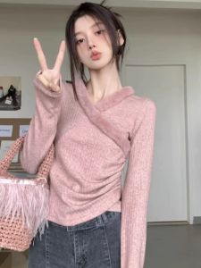 WANGGONGZHU | Princess Style Knitted Base Shirt Womens Fashionable Waist-Cinching Top With Faux Fur Collar Autumn Winter Inner Wear