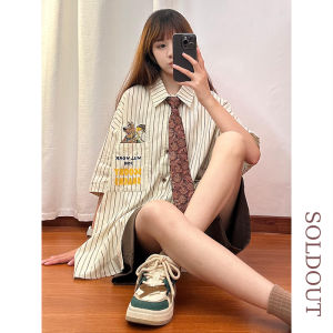 Áo Sơ Mi Nữ Tay Ngắn Sọc Cổ Điển Mỹ Thêu Dáng Rộng Mùa Hè Đa Năng Cho Cặp Đôi Áo Thun Polyester Phong Cách Đường Phố