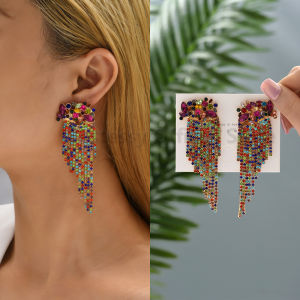Vintage Long Drop Dangle Earrings For Woman Inlaid Colorful Rhinestone Geometric Chain Pendant Luxury Elegant Jewelry Ornaments