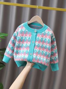 เสื้อสเวตเตอร์ถักนิตติ้งคอวีแฟชั่นสำหรับเด็กผู้หญิง เสื้อคลุมกันหนาวแบบเปิดหน้าอก แขนยาว ทรงหลวม ผ้าฝ้ายผสมโพลีเอสเตอร์