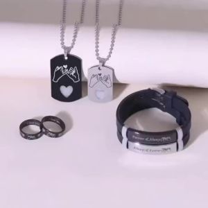 6 Pieces Luminous Love Heart Stainless Steel Couple Jewelry Set - Necklace Bracelet Ring Fashionable Ladies Love Promise Gift