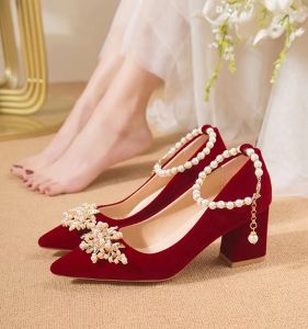 Xiuaige Low Heel Bride Pregnant Women Wedding Shoes Wine Red Chinese Wedding Toast High Heels Xiuhe Wedding Dress Two-Way Wear