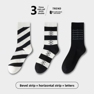 JIAZINI | Black White Womens Mid-Calf Socks Spring Autumn Trendy Street Style College Wind Bear Plaid Long Socks Cotton Polyester Spandex Blend