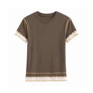 Colorblock Wooden Ears Womens Summer Knitwear Fitted Illusion Two-Piece Top