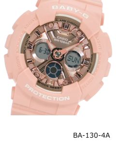 Casio Baby-G BA-130 Ladies Analog Digital Watch - Resin Band, Big Case, Masculine Design, Metallic Colors, Pink Base