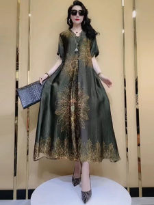 Thanh Lịch Dâu Tằm Lụa Đầm Cổ Chữ V Họa Tiết In Chân Váy Chữ A Giảm Cân Dài Đầm Hàng Mới Về Mùa Hè Chi Tiết Nút Cao Vòng Eo