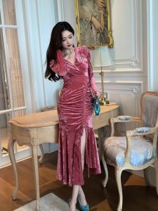 ZYHT EraVogue เดรสผู้หญิง เดรสสีชมพู เดรสหางปลา เดรสกำมะหยี่ เดรสทำงาน เดรสไฮโซ เดรสวินเทจ เดรสออกงาน เดรสปาร์ตี้ ชุดราตรี 30995