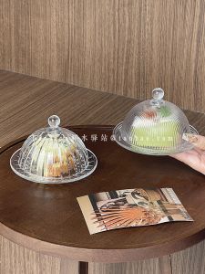 Japanese Style Ins Stripe Dessert Plate Set Transparent Glass with Lid Cake Cover Fruit Dim Sum Display Stand Snack Cover