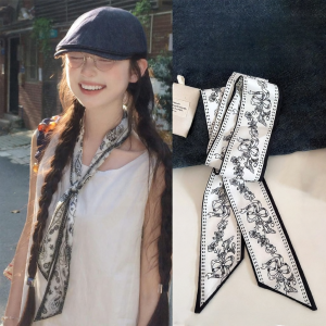PINK EMPRESS | Black and White Floral Bow Simple Narrow Scarf