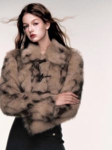 Dayali Fur Original Dragon Pattern Short Coat Cool Sweet Retro Horn Buttoned Biker Jacket Stylish Fake Fur Outerwear