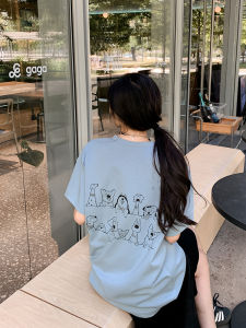 Loose Comfortable Womens T-shirt Summer Blue Design Dog Pattern Short Sleeve Mid-Length Casual Korean Style Cotton Top