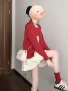 Red Knitted Sweater And Mini Skirt Set Unique Stylish Autumn Outfit Cotton Long Sleeve round Neck Two-Piece Ensemble for Women