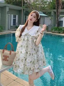 Váy Hoa Cỡ Lớn Kiểu Pháp Cho Nữ Mùa Hè 2025 Váy Chữ a Xếp Ly Tay Bồng Cạp Cao Bằng Polyester Váy Ngọt Ngào Thanh Lịch