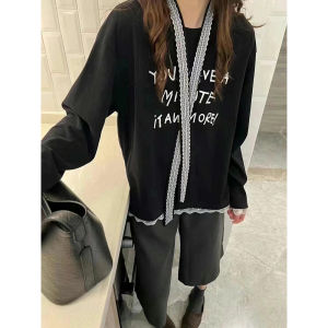 Korean Style Loose Long Sleeve round Neck Knitted Top with Lace Trim Letter Print And Draped Neck Design Polyester Fiber