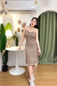 🌈MesubShop🌈เดรสยาว ผ้าไหมพรม เดรสสายเดี่ยวทอลายสลับสี 🦑 ใส่ออกงานทางการได้น้า ใส่แล้วพรางหุ่นม้าก แต่งย่นให้ช่วงอก รุ่น หัดเขียน