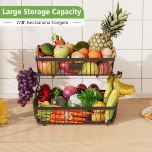 2 Tier Fruit Basket with 2 Banana Hangers Improved Fruit Bowl for Kitchen Counter Detachable Large Capacity Countertop