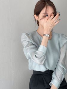 South Korea Dongdaemun Simple Pullover round Neck Work Clothing Chiffon Tops 2024 Spring New Arrival Pure Color Long Sleeves Shirt for Women