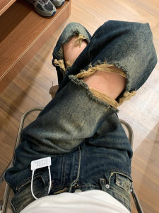 Retro Blue Ripped Denim Jeans Women Summer Thin Large Size Pear Shape High Waist Loose Slim Straight Wide Leg Pants