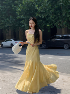 New Chinese Style Yellow Strapless Dress Fairylike High End Summer Beautiful Large Skirt French Fish Tail Long Dress