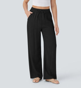 Flowy Wide Leg Linen Pants High Waist Elastic Drawstring Side Pocket Beach Casual Trousers