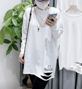 แขนยาวเฮฟวี่เวท ผ้าขนแกะ เรียงรายขนาดใหญ่ สีขาว เสื้อยืด Xinjiang ผ้าฝ้าย 2024 ฤดูหนาว รูฉีก ปัดขน เสื้อฐานสวมใส่ด้านใน