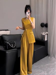 Quần Ống Rộng Không Tay Mỏng Thiết Kế Thanh Lịch Mùa Hè Mới Cạp Cao Cạp Cao Áo Chui Đầu Cổ Tròn Cotton Dài