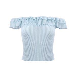 YUEZHONGWEI | เสื้อกั๊กถักสีน้ำเงินแบบสายเดี่ยวไหล่สไตล์ฝรั่งเศสสำหรับผู้หญิงในฤดูร้อน เสื้อแขนกุดทรงเข้ารูป ทรงสั้น คอวี ทรงเข้ารูป