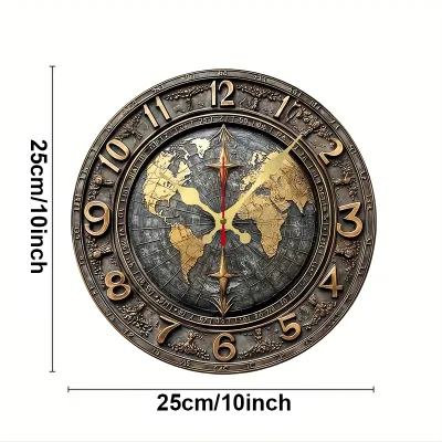 2D Vintage World Map Wooden Round Silent Hanging Wall ClockSuitable For Living RoomOfficeStudy RoomBedroom Home Decoration