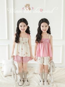 YOEHYAUL Summer Bear Set for Girls Casual Cotton Blend Loose Flounce Trimmed Cartoon Embroidery Label Short Sleeve Doll Shirt