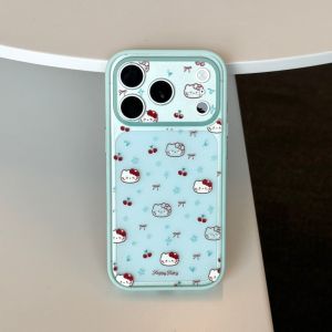 Sanrio | New Fashion iPhone Case Hello Kitty Cherry Print Phone Case For iPhone 15 16 17 Pro Max Shockproof Clear Cover With Mint Bumper