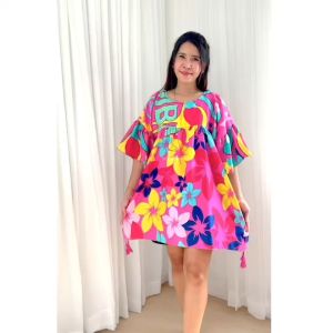 เดรสทรงบาน ฟรีไซค์หน้าผ้า46นิ้ว แขนแต่งระบายระดับศอก ระบายช่วงอกช่วยพรางหุ่น