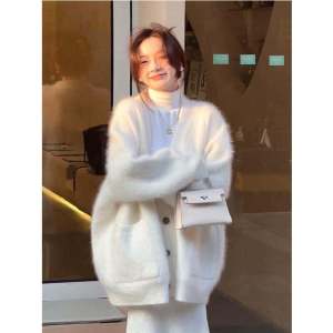 K-style Mink Fur Cardigan Female Spring & Fall New Lazy Wind Soft Glutinous Thickened Sweater Mid Length Long Length Loose Knitted Coat