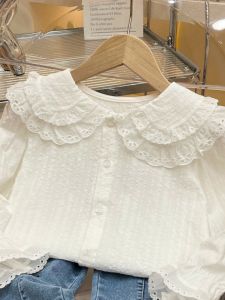 Spring Autumn Long Sleeve Princess Shirt for Girls Baby Doll Collar Double Layer Korean Style Commute Silk Top Female Kids