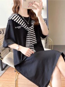 Pure Cotton Slimming Long T-Shirt Dress Korean Style Summer Casual Shoulder Length A-Line Dress for Women Short Sleeve Maxi Dress